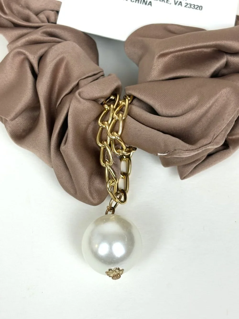 Taupe / brown satin hair scrunchie with a gold chain and hanging pearl charm New